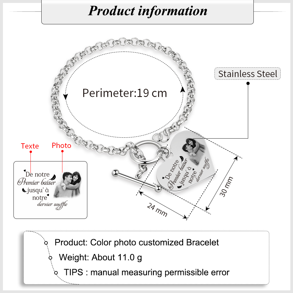 Bracelet Cœur Breloque personnalisé en acier inoxydable avec photo et texte Cadeau Couple | Jessemade