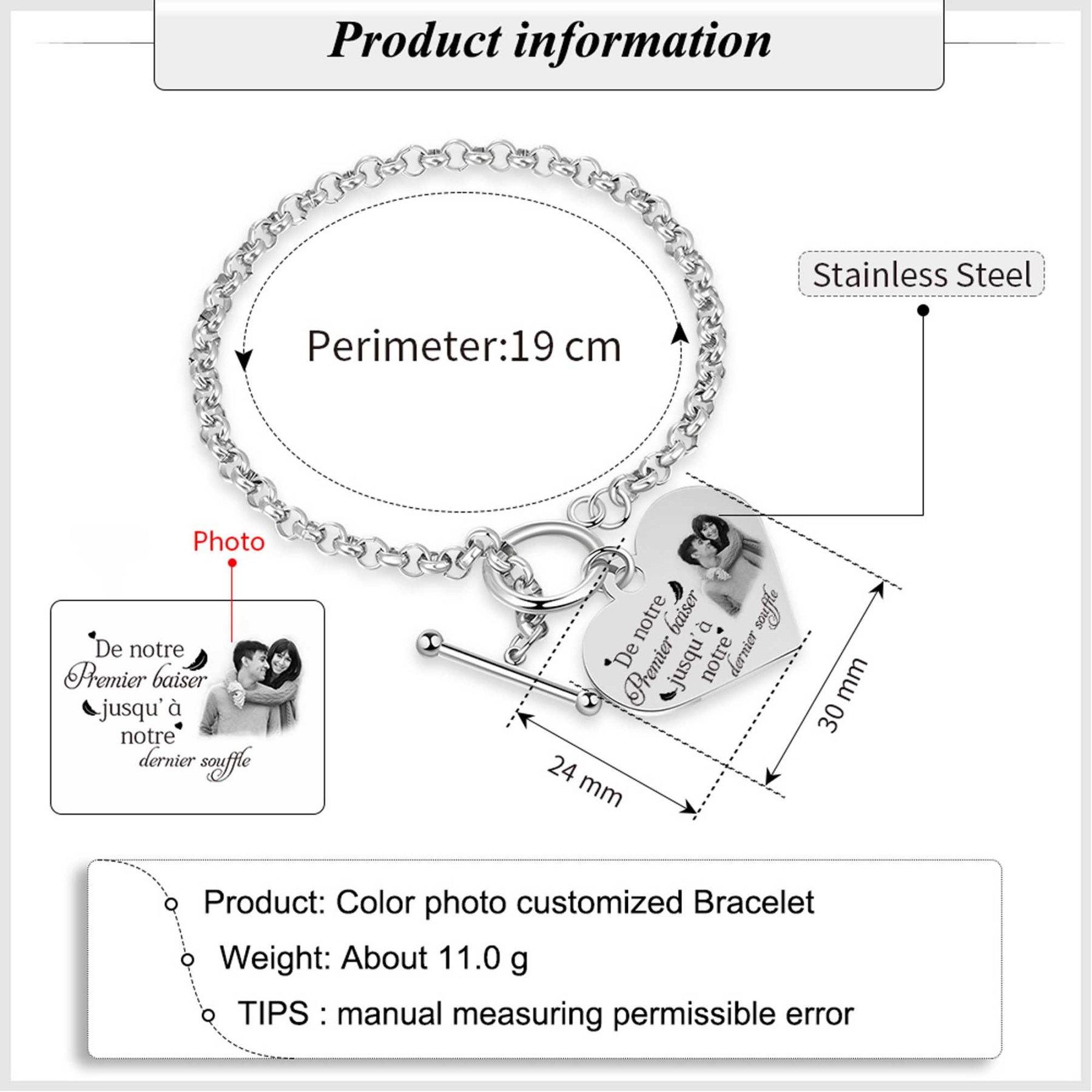 Bracelet Cœur Breloque personnalisé en acier inoxydable avec photo et texte Cadeau Couple | Jessemade
