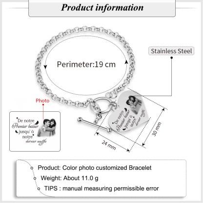 Bracelet Cœur Breloque personnalisé en acier inoxydable avec photo et texte Cadeau Couple | Jessemade