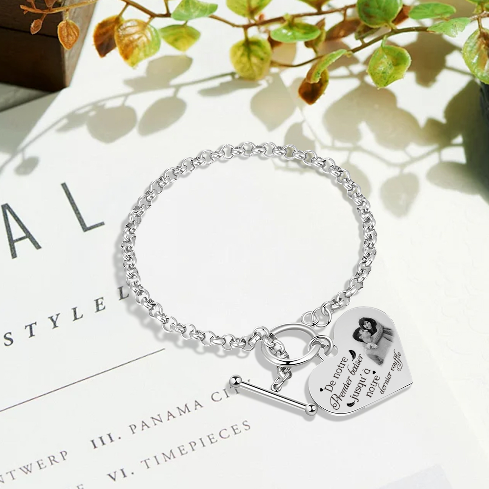 Bracelet Cœur Breloque personnalisé en acier inoxydable avec photo et texte Cadeau Couple | Jessemade