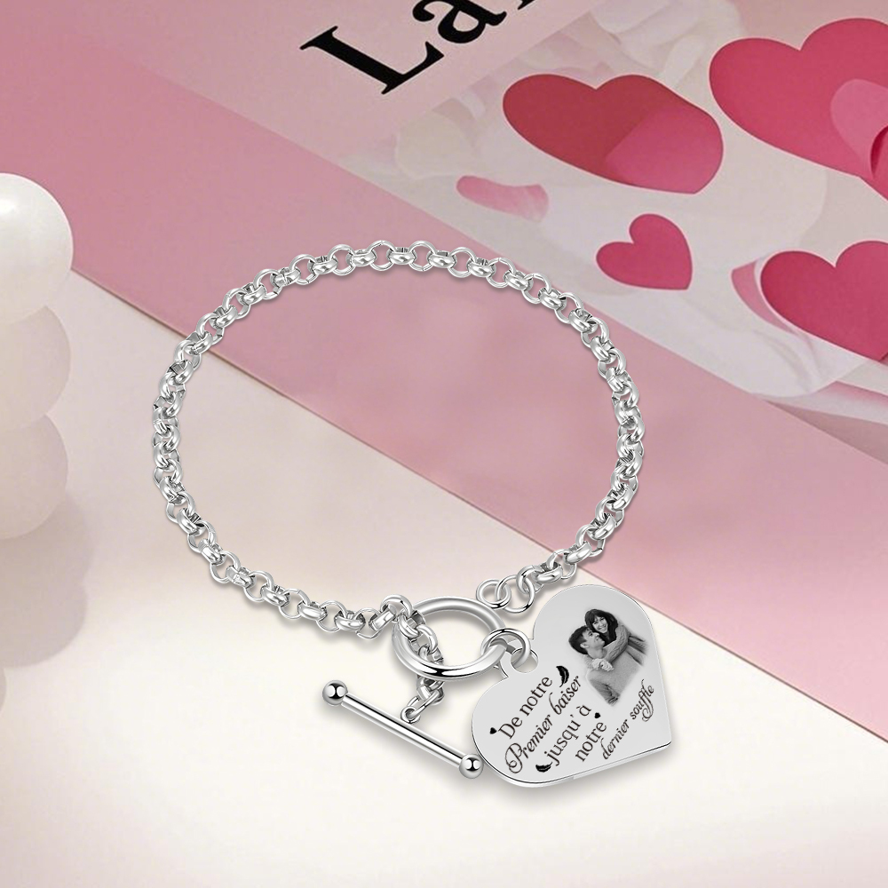 Bracelet Cœur Breloque personnalisé en acier inoxydable avec photo et texte Cadeau Couple | Jessemade