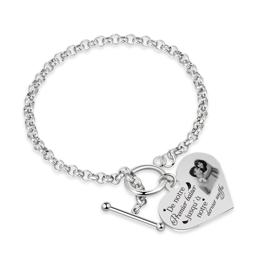 Bracelet Cœur Breloque personnalisé en acier inoxydable avec photo et texte Cadeau Couple | Jessemade