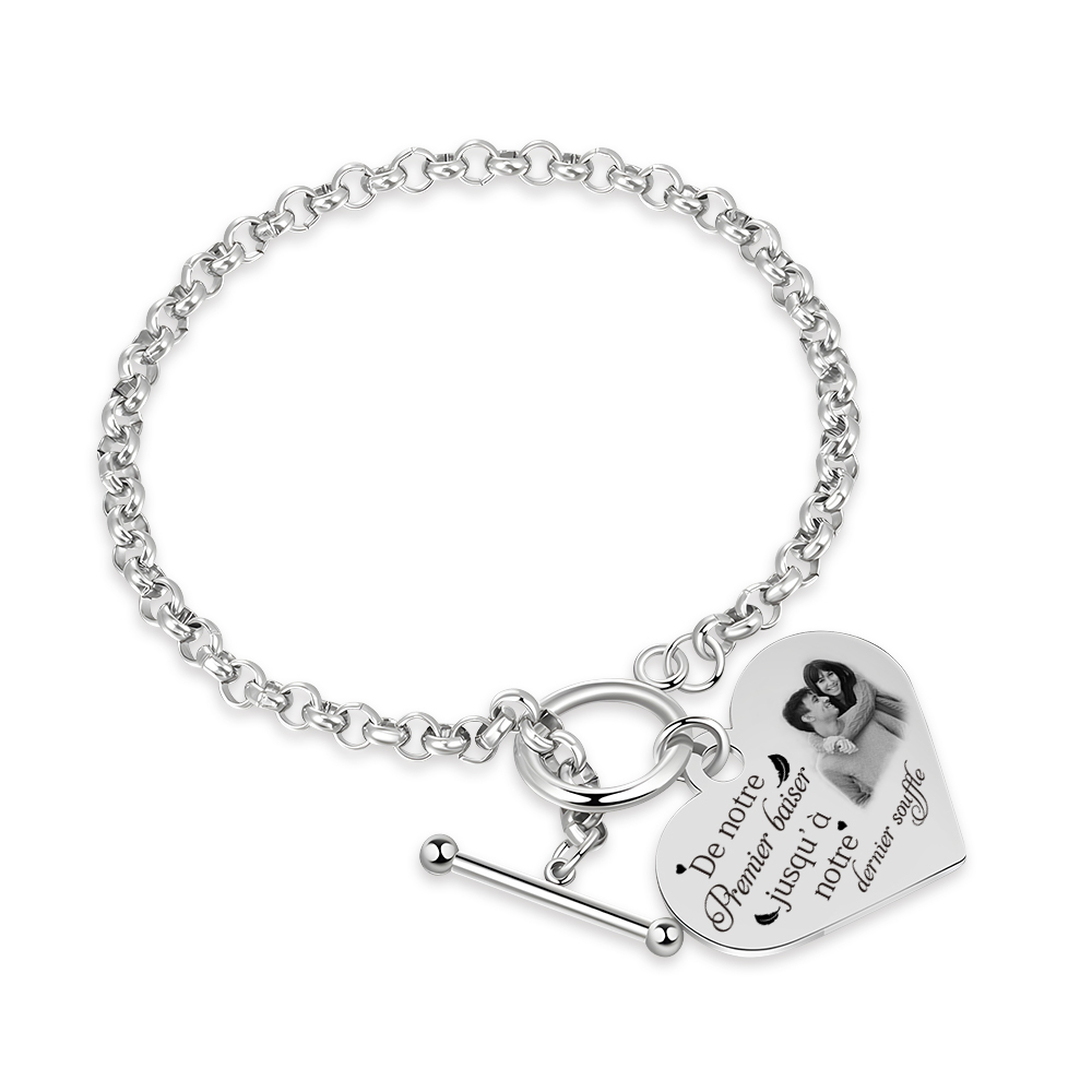 Bracelet Cœur Breloque personnalisé en acier inoxydable avec photo et texte Cadeau Couple | Jessemade