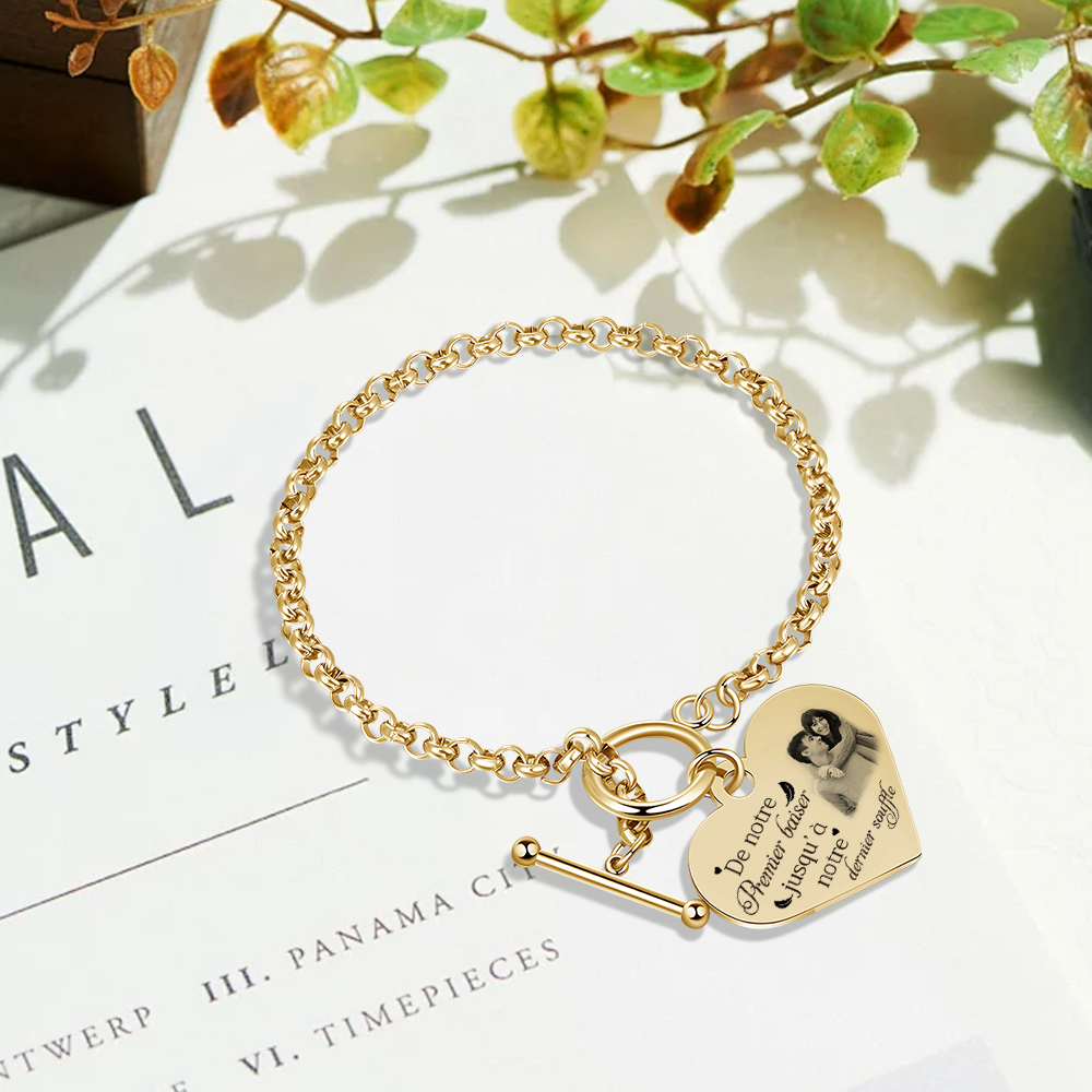 Bracelet Cœur Breloque personnalisé en acier inoxydable avec photo et texte Cadeau Couple | Jessemade