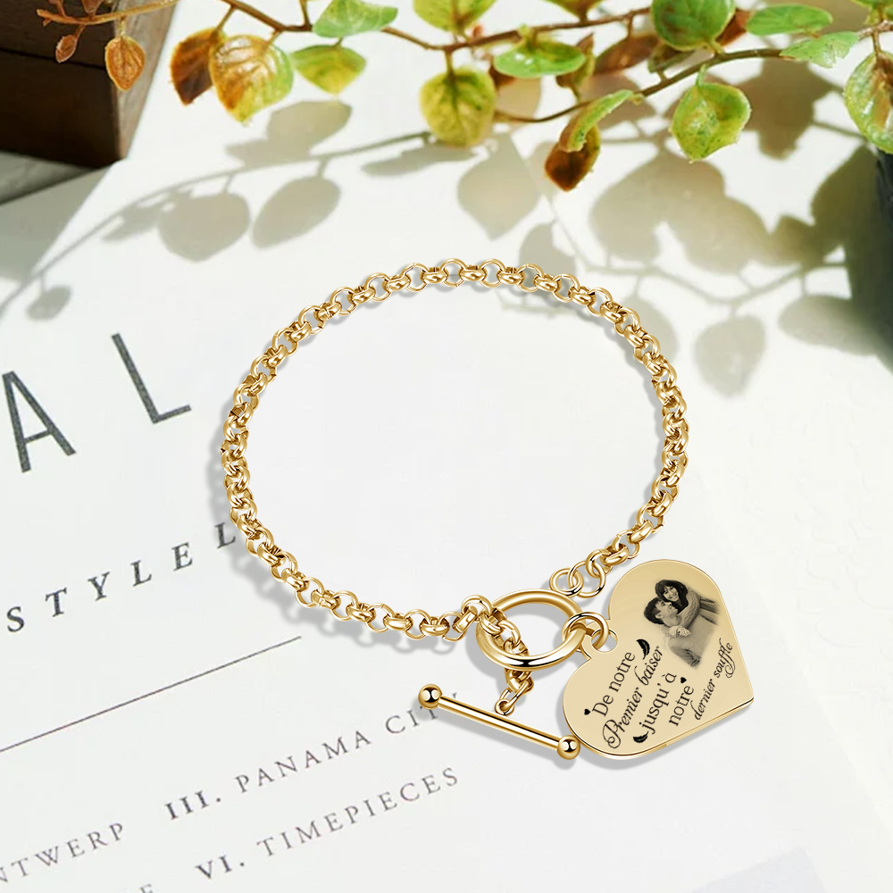 Bracelet Cœur Breloque personnalisé en acier inoxydable avec photo et texte Cadeau Couple | Jessemade