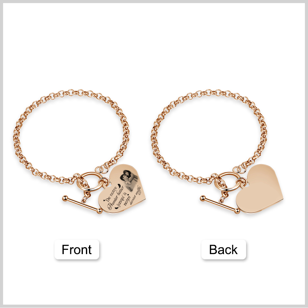 Bracelet Cœur Breloque personnalisé en acier inoxydable avec photo et texte Cadeau Couple | Jessemade