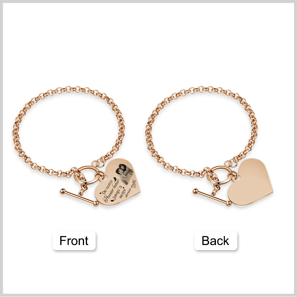 Bracelet Cœur Breloque personnalisé en acier inoxydable avec photo et texte Cadeau Couple | Jessemade