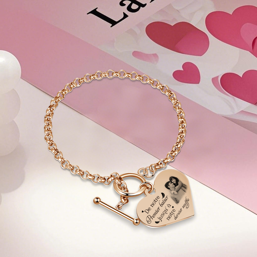 Bracelet Cœur Breloque personnalisé en acier inoxydable avec photo et texte Cadeau Couple | Jessemade