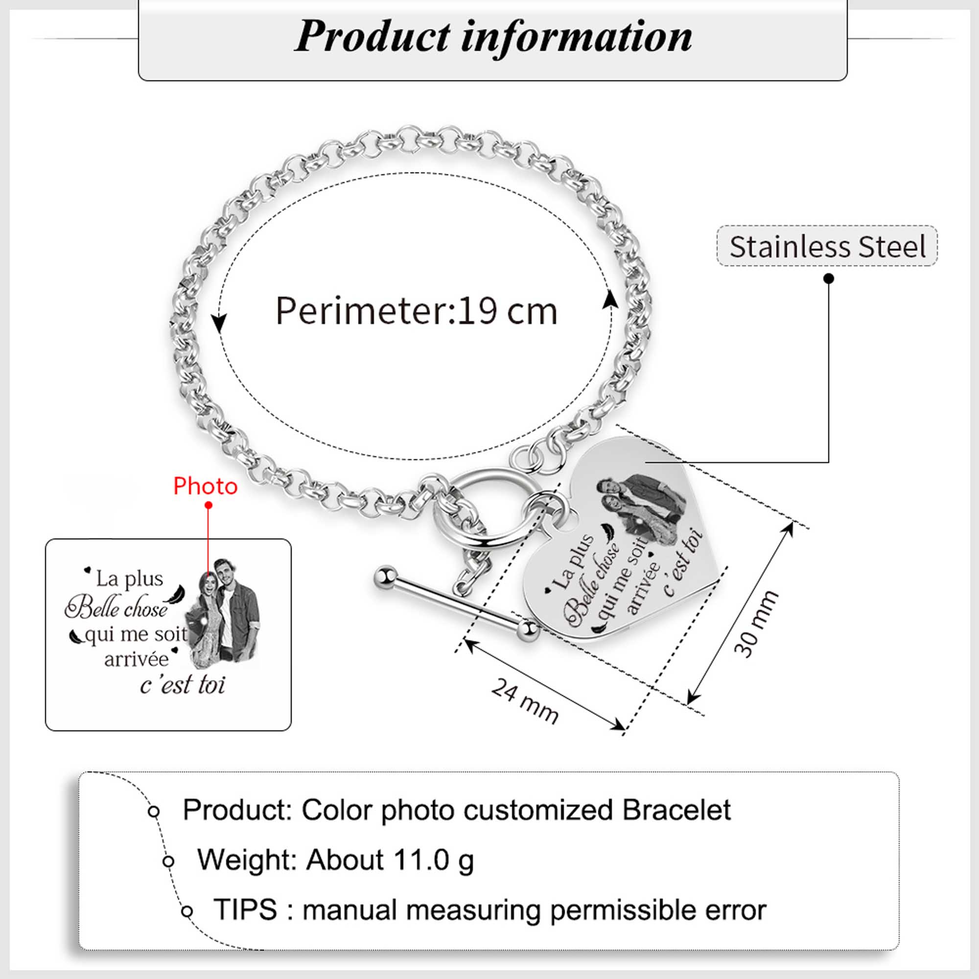 Bracelet en acier inoxydable Cœur Photo Personnalisée en commun avec Texte Cadeau Couple | Jessemade