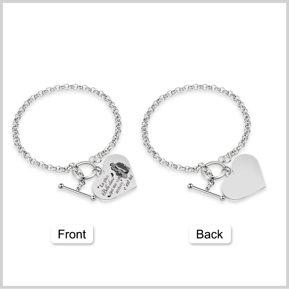 Bracelet en acier inoxydable Cœur Photo Personnalisée en commun avec Texte Cadeau Couple | Jessemade
