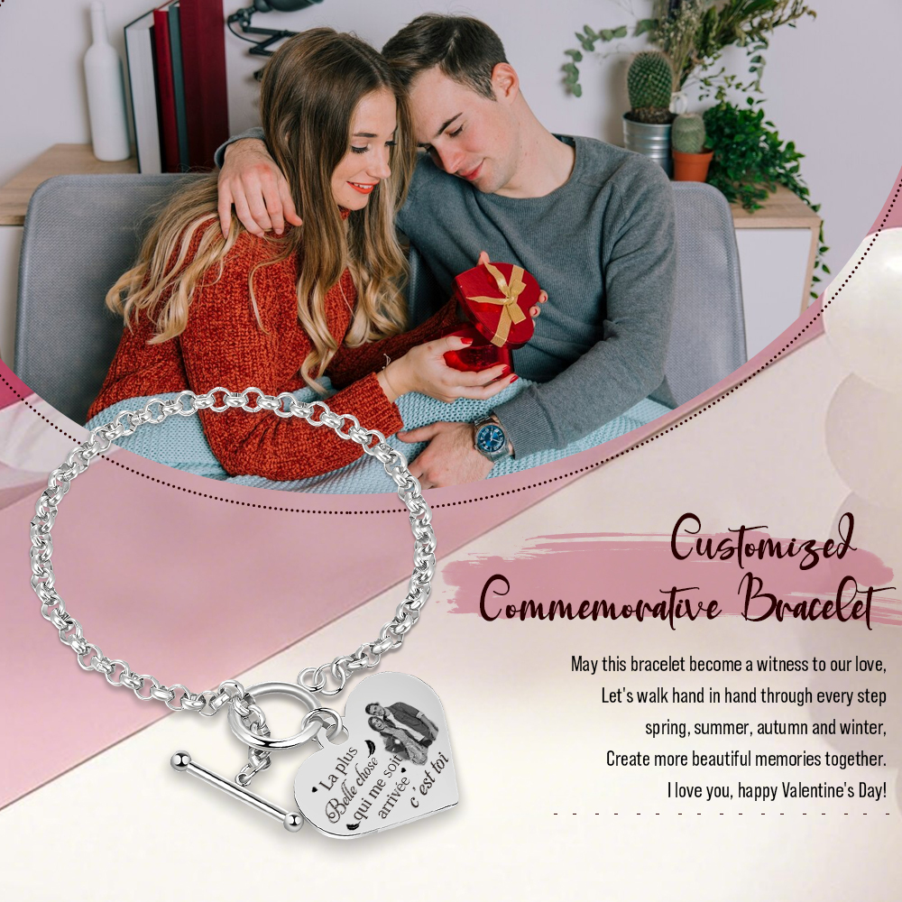 Bracelet en acier inoxydable Cœur Photo Personnalisée en commun avec Texte Cadeau Couple | Jessemade