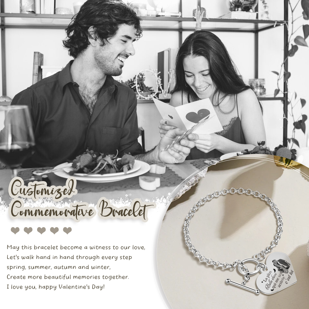 Bracelet en acier inoxydable Cœur Photo Personnalisée en commun avec Texte Cadeau Couple | Jessemade