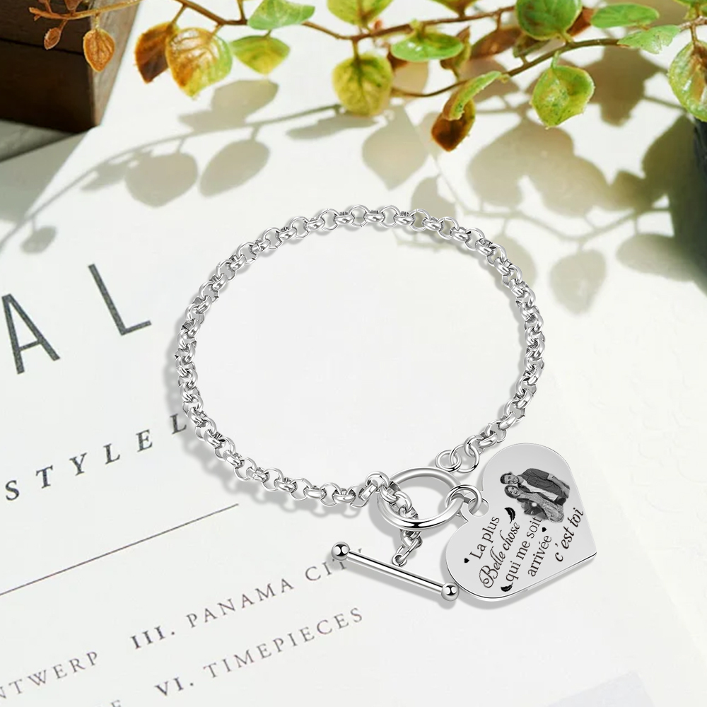 Bracelet en acier inoxydable Cœur Photo Personnalisée en commun avec Texte Cadeau Couple | Jessemade