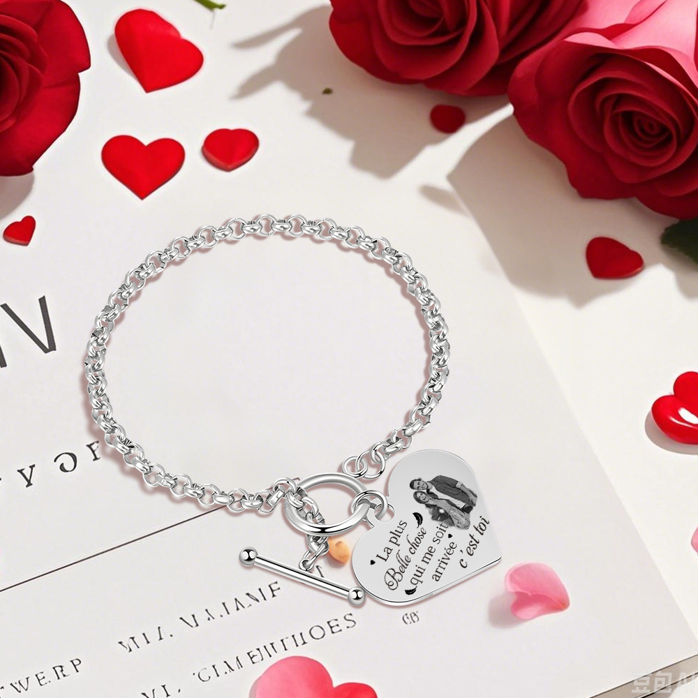 Bracelet en acier inoxydable Cœur Photo Personnalisée en commun avec Texte Cadeau Couple | Jessemade