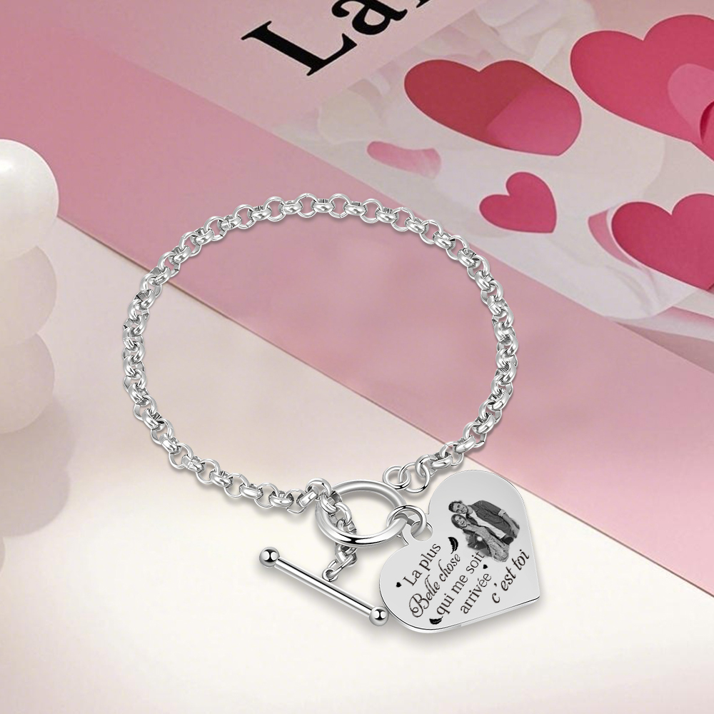 Bracelet en acier inoxydable Cœur Photo Personnalisée en commun avec Texte Cadeau Couple | Jessemade