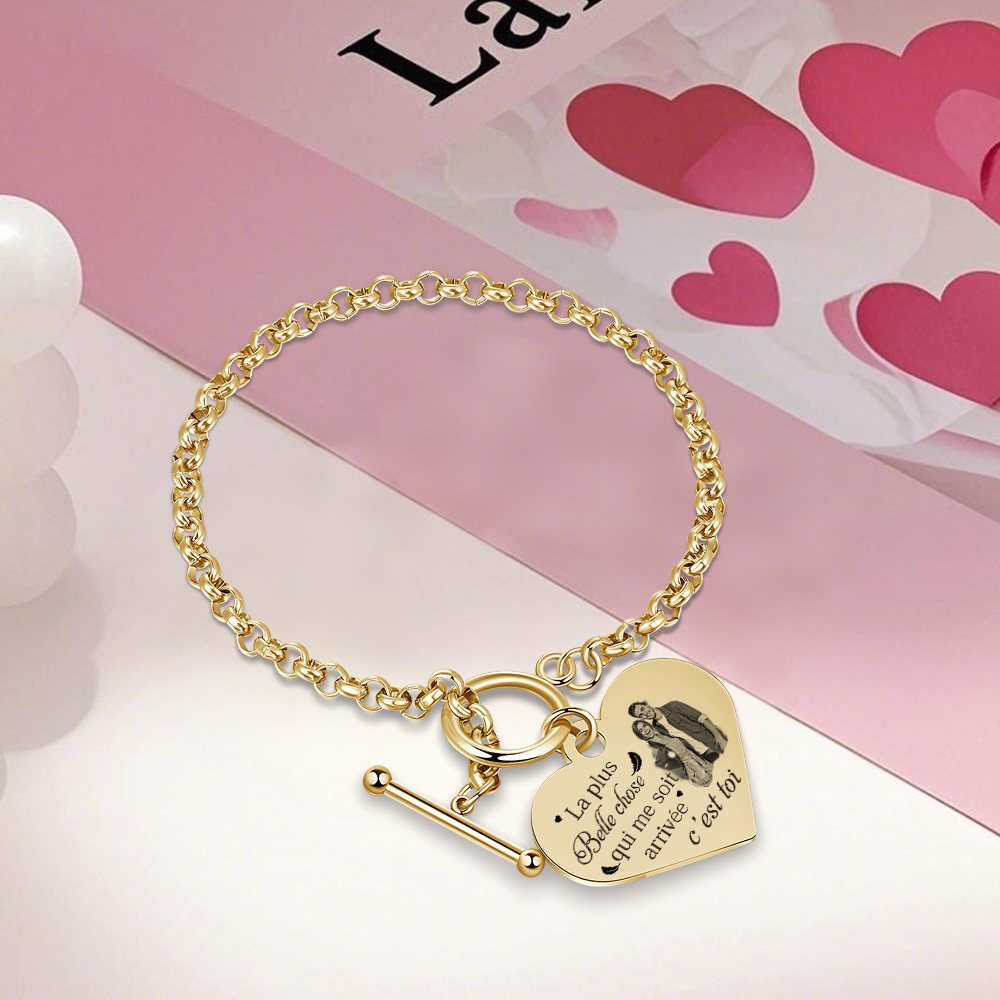 Bracelet en acier inoxydable Cœur Photo Personnalisée en commun avec Texte Cadeau Couple | Jessemade