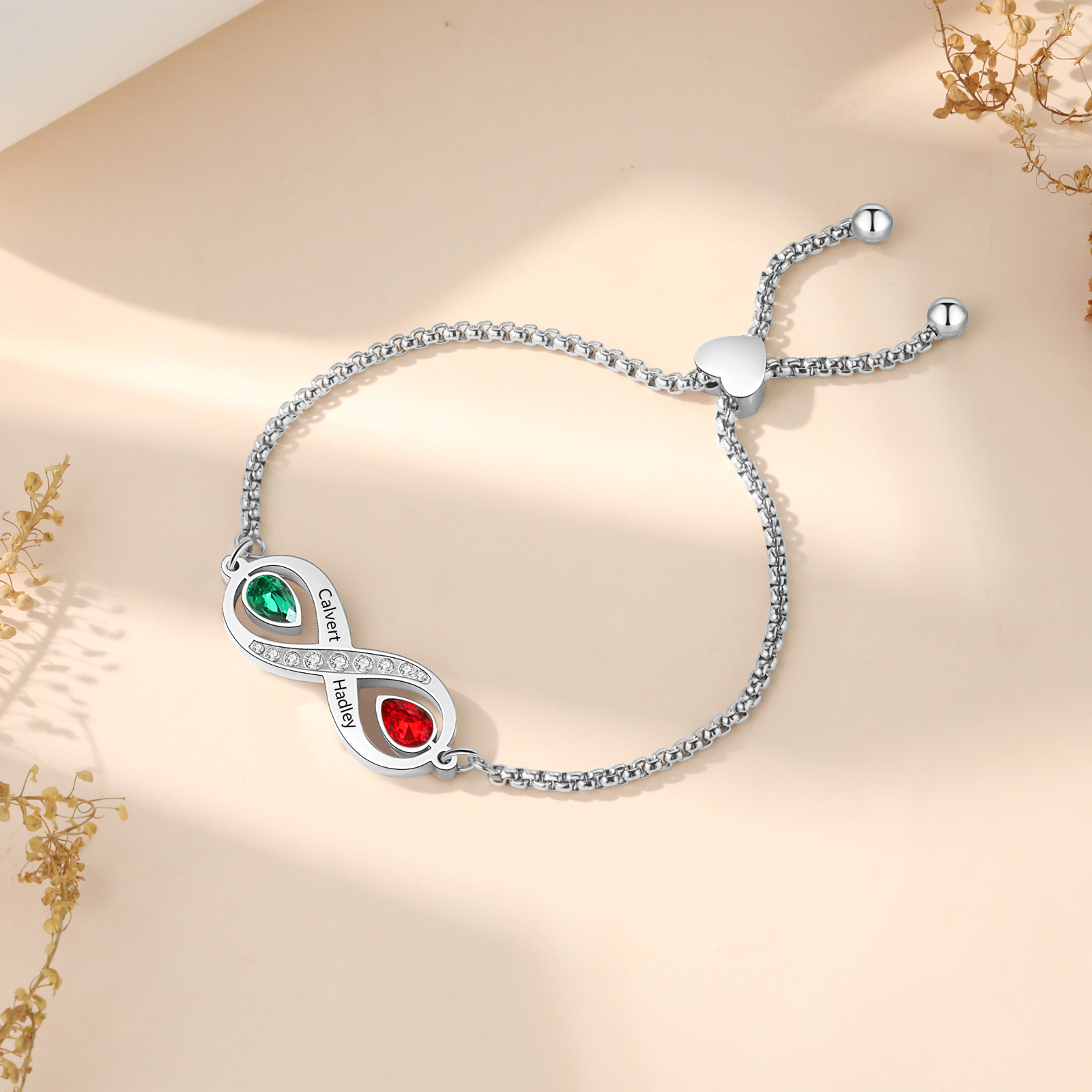 Bracelet Infini Personnalisé avec 2 Prénoms et 2 Pierres de Naissance Bracelet pour Femme | Jessemade