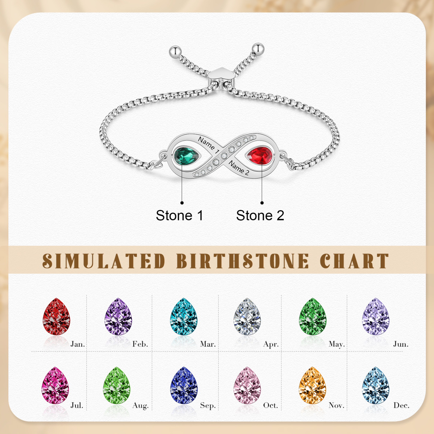 Bracelet Infini Personnalisé avec 2 Prénoms et 2 Pierres de Naissance Bracelet pour Femme | Jessemade