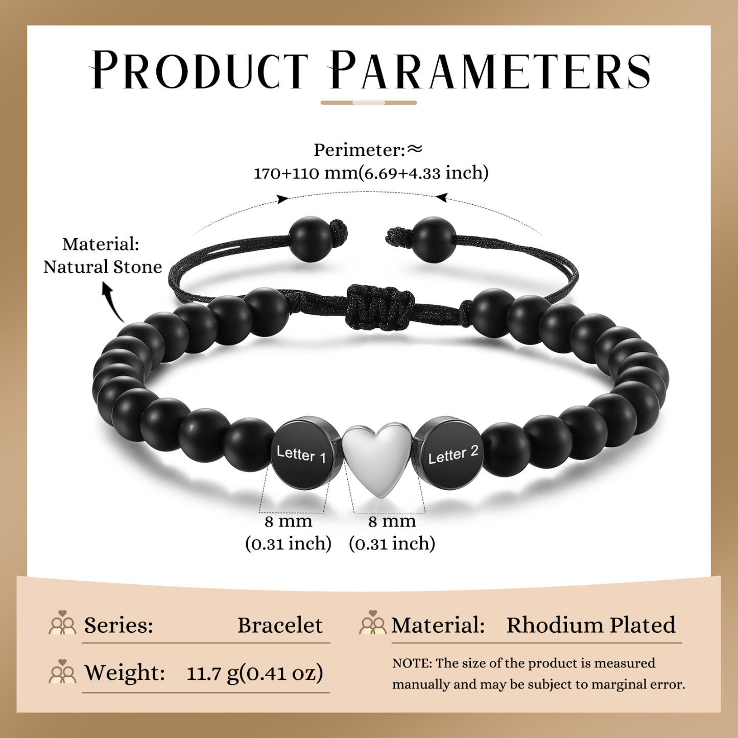 Bracelet Personnalisé avec 2 Initiales Pierre Noire Bracelet Personnalisable pour Couple|Jessemade