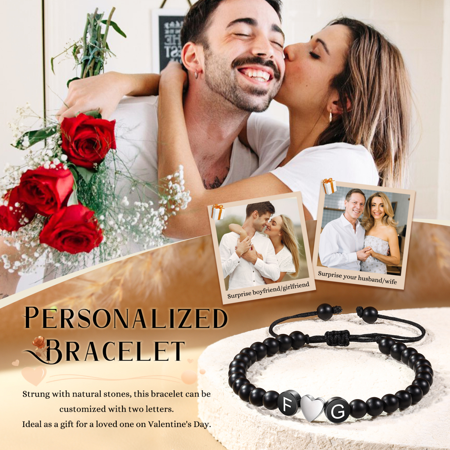 Bracelet Personnalisé avec 2 Initiales Pierre Noire Bracelet Personnalisable pour Couple|Jessemade