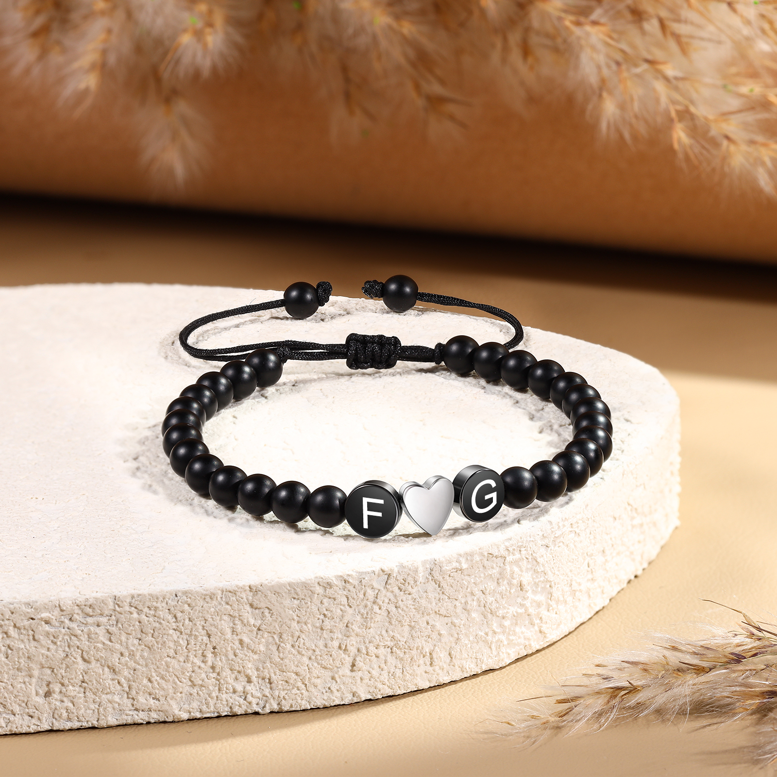 Bracelet Personnalisé avec 2 Initiales Pierre Noire Bracelet Personnalisable pour Couple|Jessemade