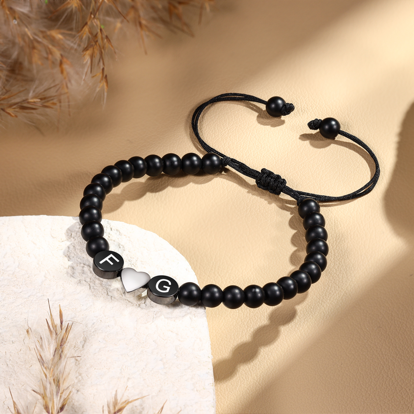 Bracelet Personnalisé avec 2 Initiales Pierre Noire Bracelet Personnalisable pour Couple|Jessemade