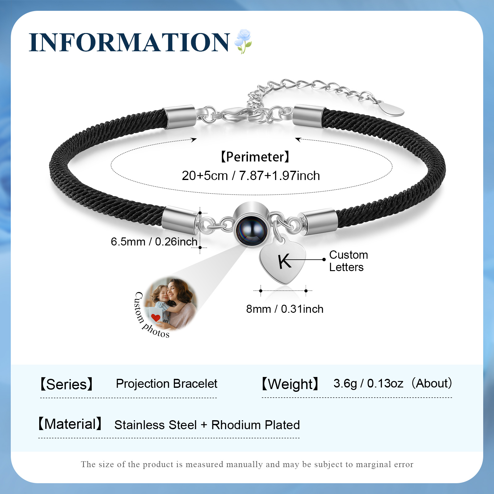 Bracelet Photo Projection Personnalisé Avec Pierre de Projection et Initiale Bracelet Personalisable｜Jessemade