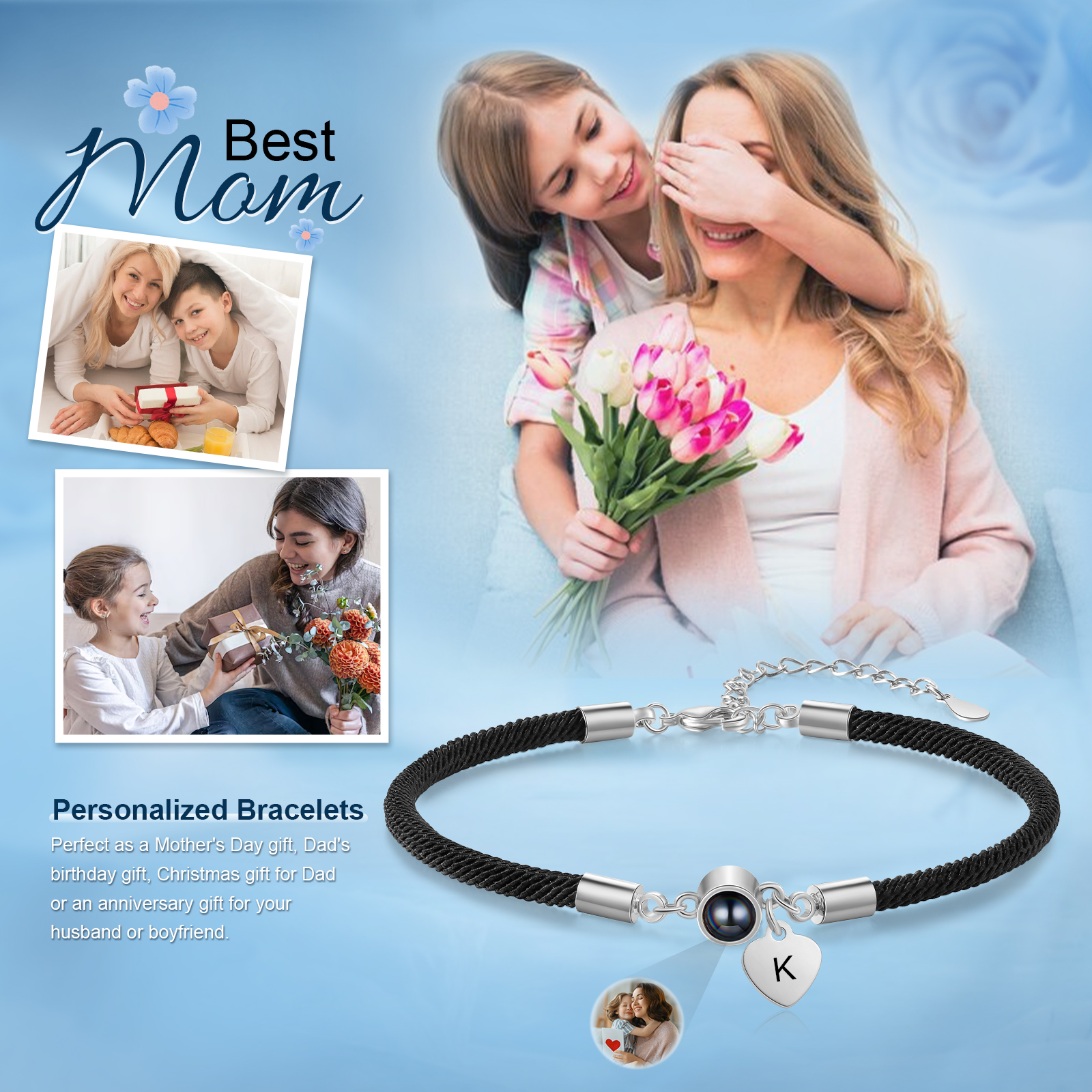 Bracelet Photo Projection Personnalisé Avec Pierre de Projection et Initiale Bracelet Personalisable｜Jessemade