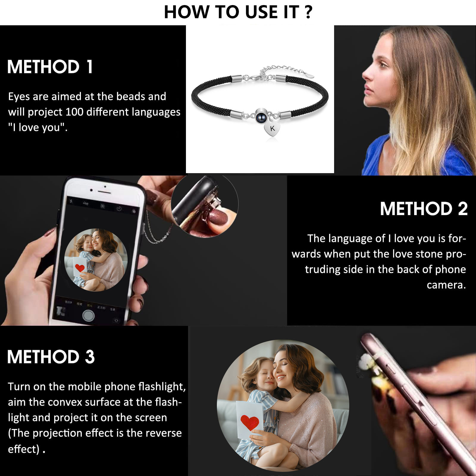 Bracelet Photo Projection Personnalisé Avec Pierre de Projection et Initiale Bracelet Personalisable｜Jessemade