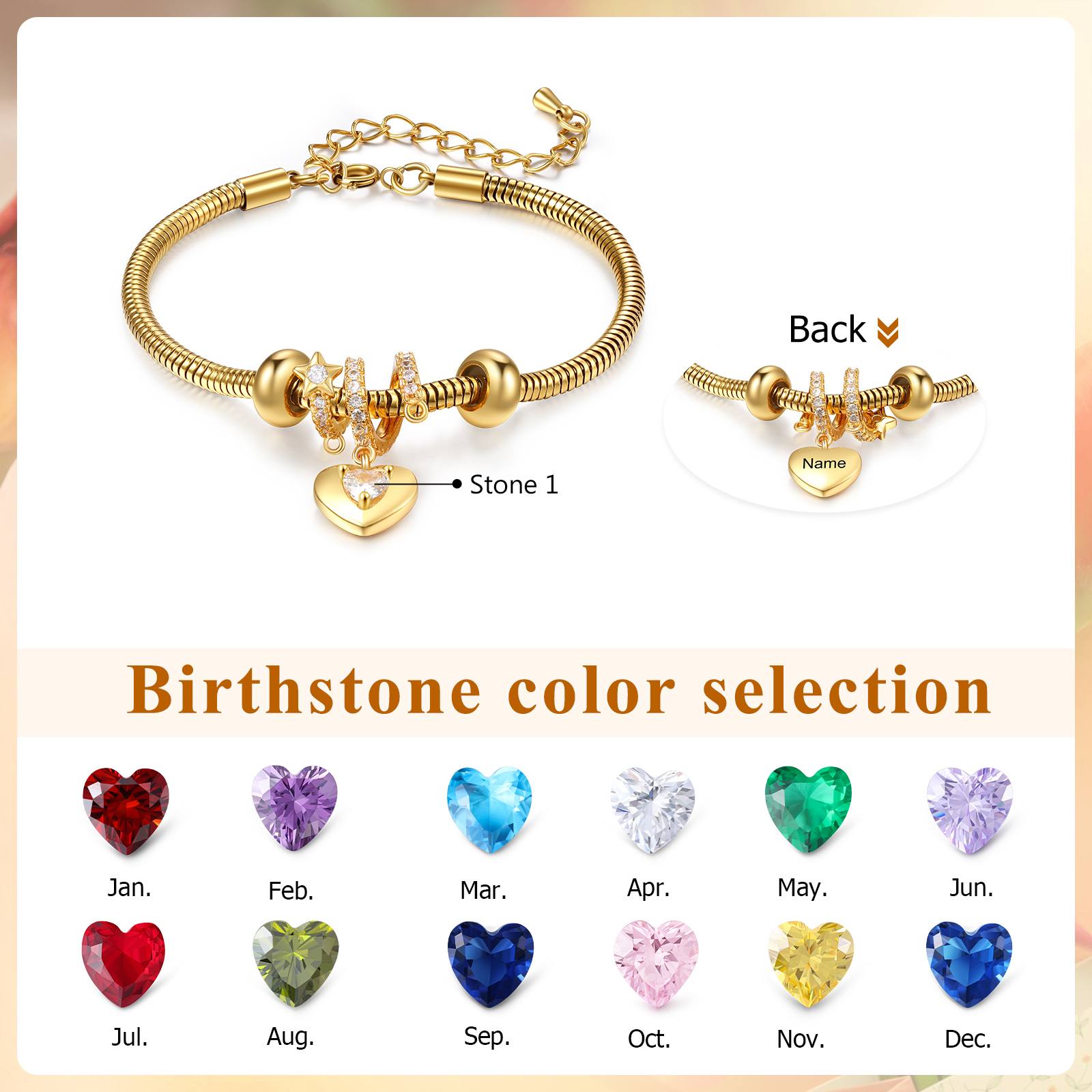 Bracelet Personnalisé avec 1 Prénom et Pierre de Naissance Bracelet Pendentif Coeur Personnalisable Avec Coffret | Jessemade