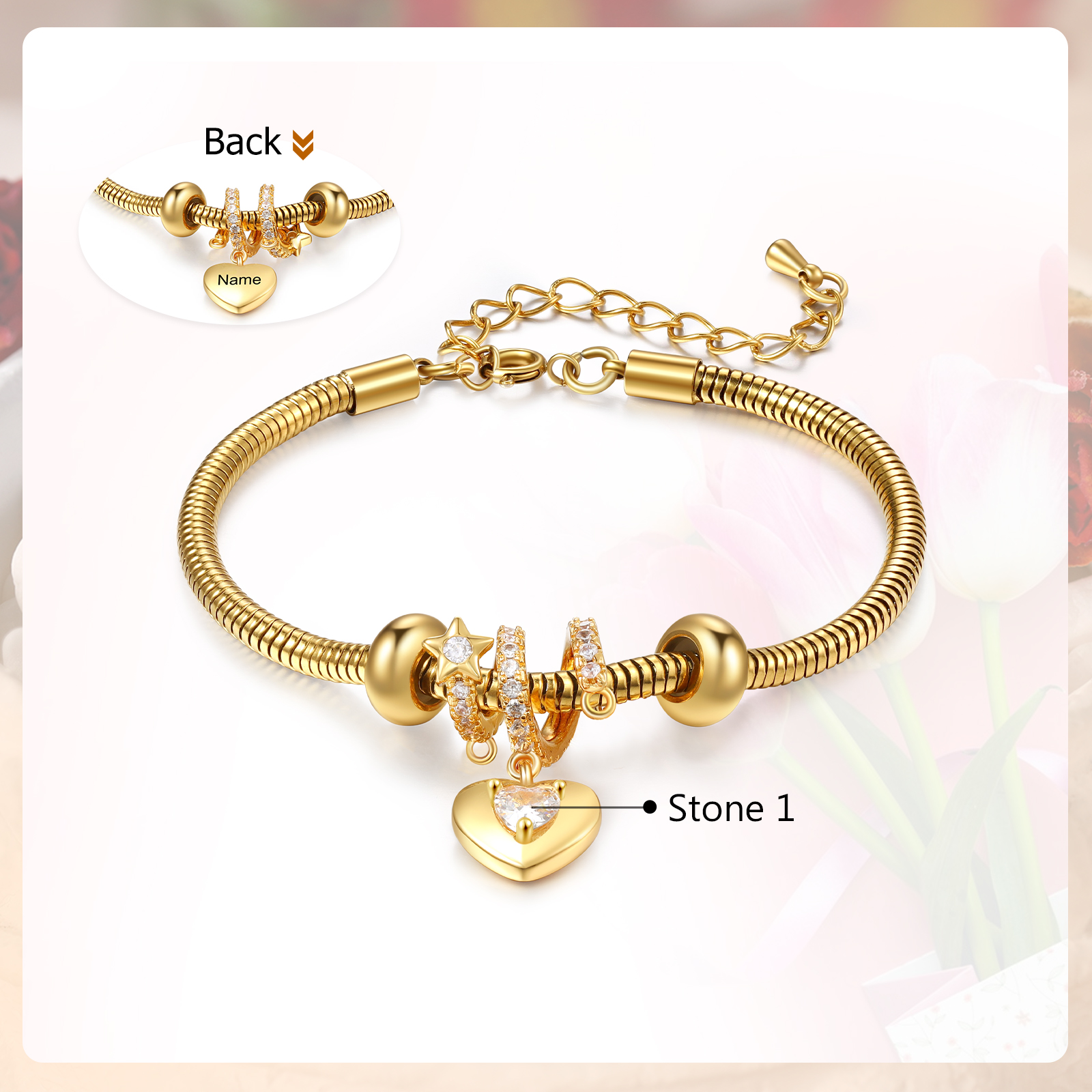 Bracelet Personnalisé avec 1 Prénom et Pierre de Naissance Bracelet Pendentif Coeur Personnalisable pour Femme | Jessemade
