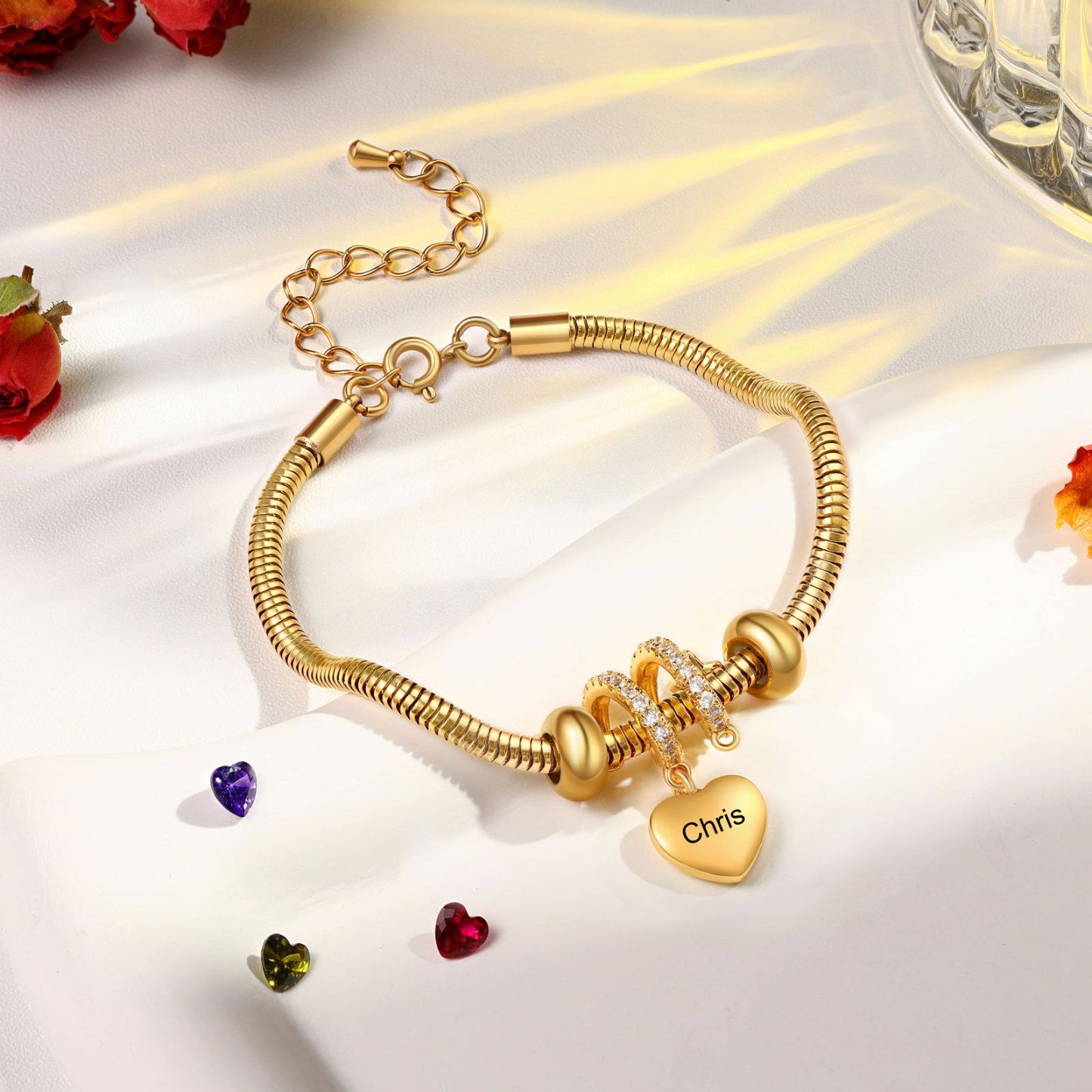 Bracelet Personnalisé avec 1 Prénom et Pierre de Naissance Bracelet Pendentif Coeur Personnalisable Avec Coffret | Jessemade