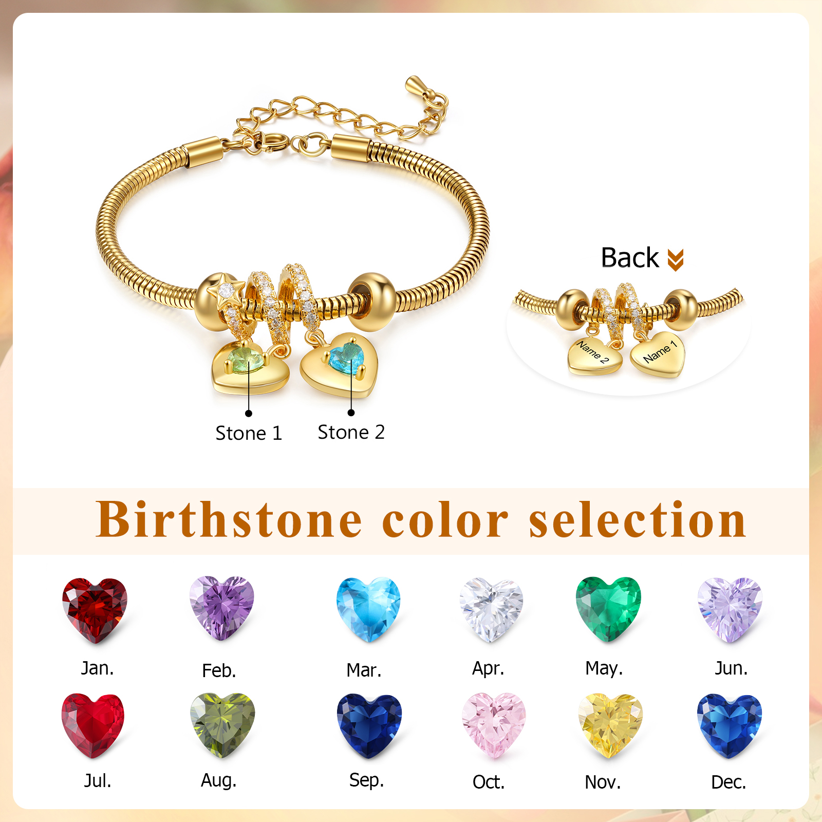 Bracelet Personnalisé avec 2 Prénoms et Pierres de Naissance Bracelet Pendentif Coeur Personnalisable Avec Coffret | Jessemade