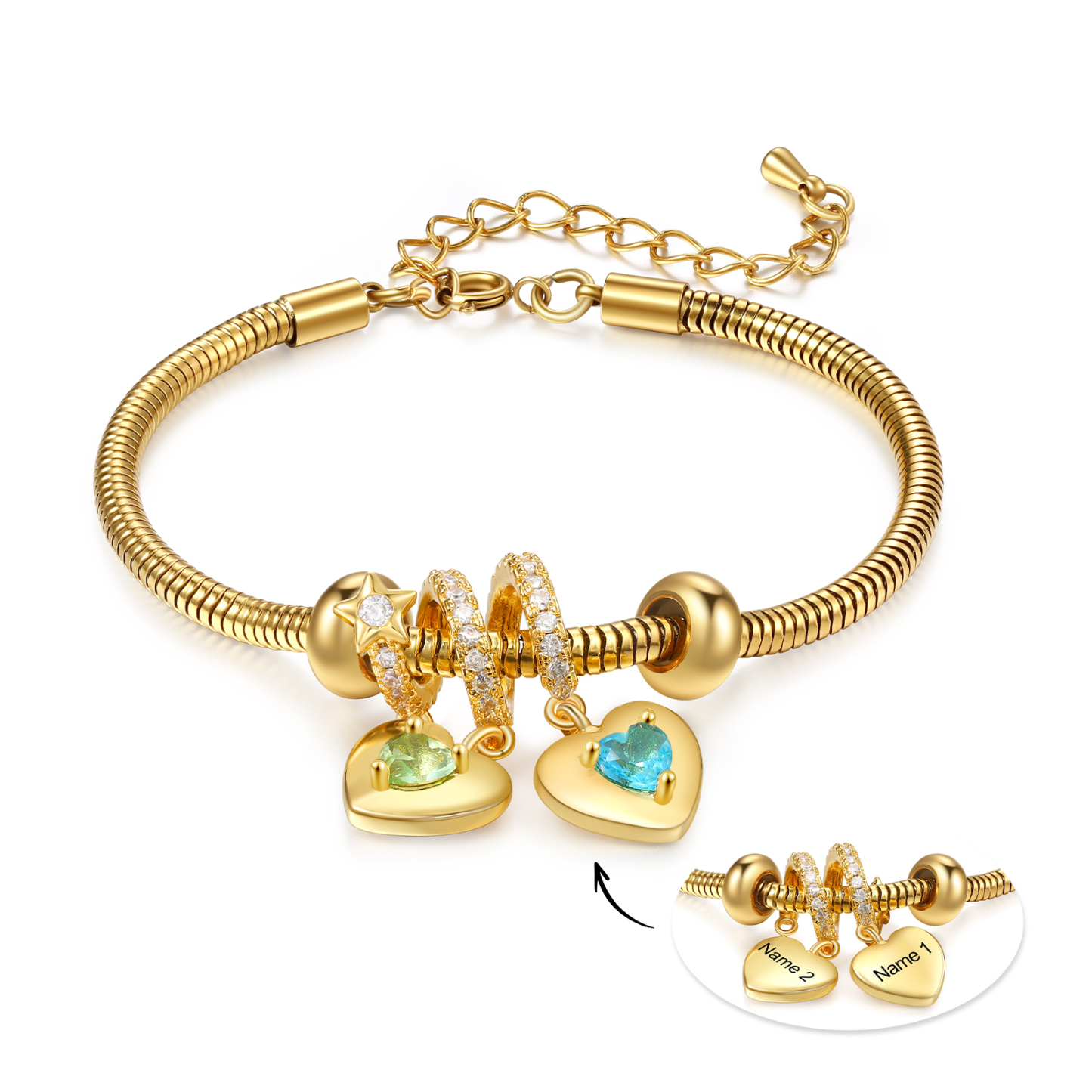 Bracelet Personnalisé avec 2 Prénoms et Pierres de Naissance Bracelet Pendentif Coeur Personnalisable Avec Coffret | Jessemade