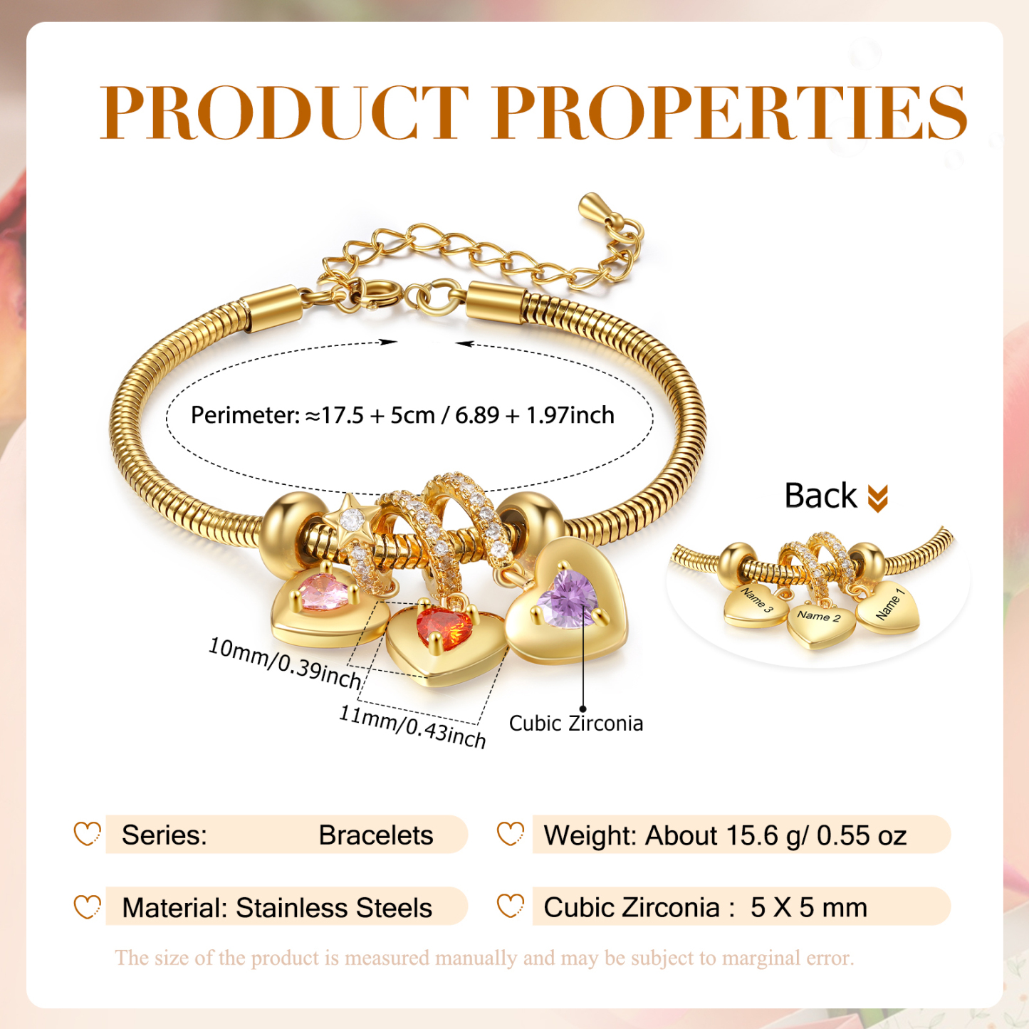 Bracelet Personnalisé avec 3 Prénoms et Pierres de Naissance Bracelet Pendentif Coeur Personnalisable pour Femme | Jessemade