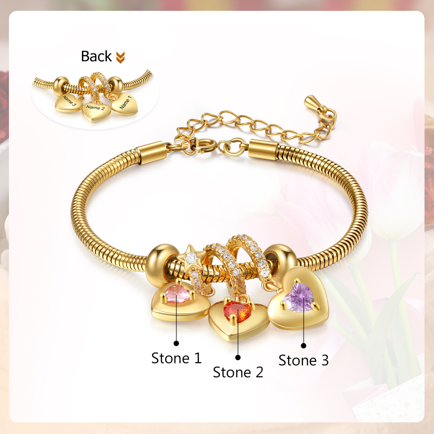 Bracelet Personnalisé avec 3 Prénoms et Pierres de Naissance Bracelet Pendentif Coeur Personnalisable pour Femme | Jessemade