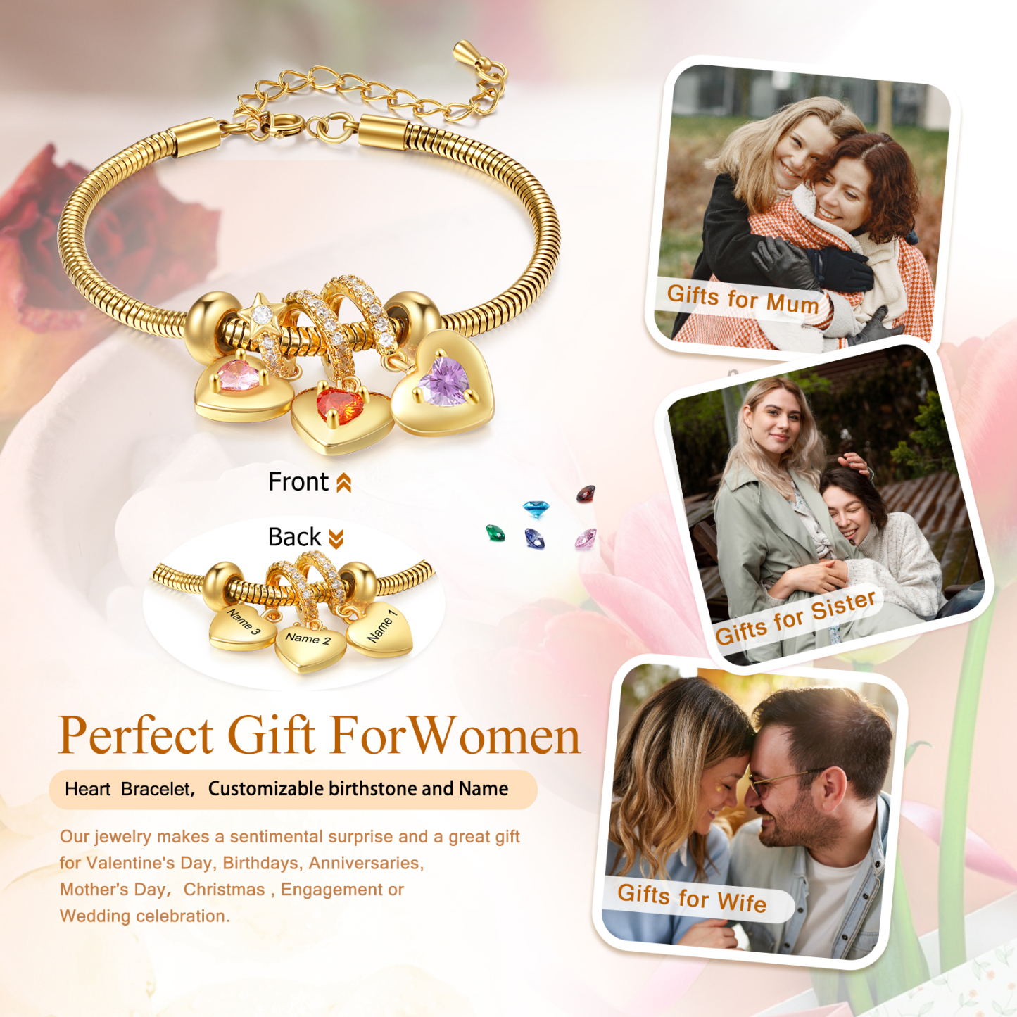 Bracelet Personnalisé avec 3 Prénoms et Pierres de Naissance Bracelet Pendentif Coeur Personnalisable pour Femme | Jessemade