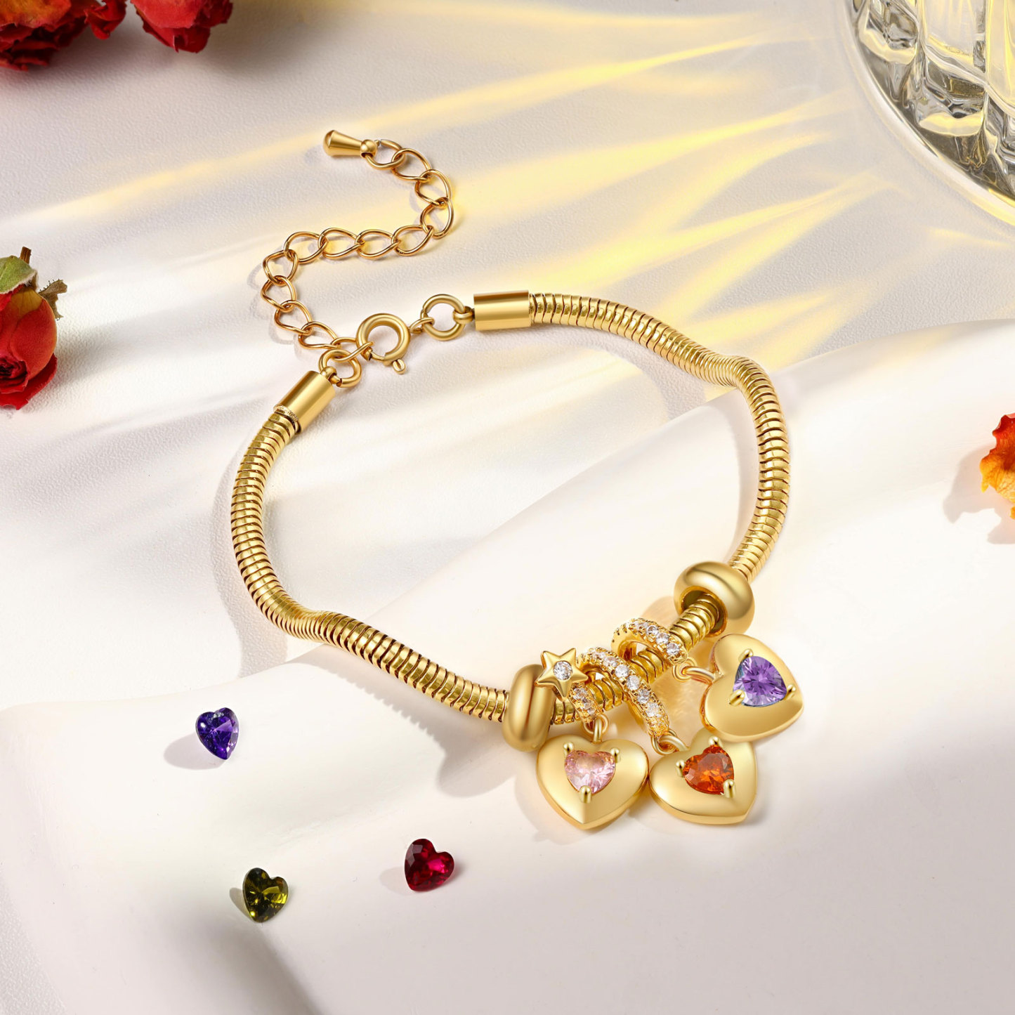 Bracelet Personnalisé avec 3 Prénoms et Pierres de Naissance Bracelet Pendentif Coeur Personnalisable pour Femme | Jessemade