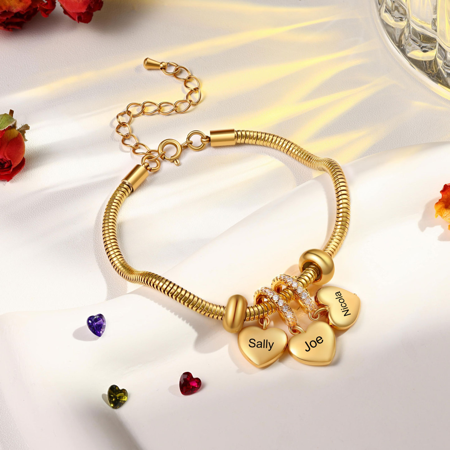 Bracelet Personnalisé avec 3 Prénoms et Pierres de Naissance Bracelet Pendentif Coeur Personnalisable pour Femme | Jessemade