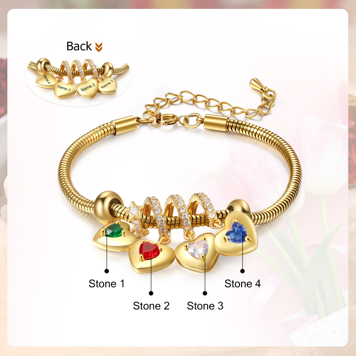 Bracelet Personnalisé avec 4 Prénoms et Pierres de Naissance Bracelet Pendentif Coeur Personnalisable pour Femme | Jessemade