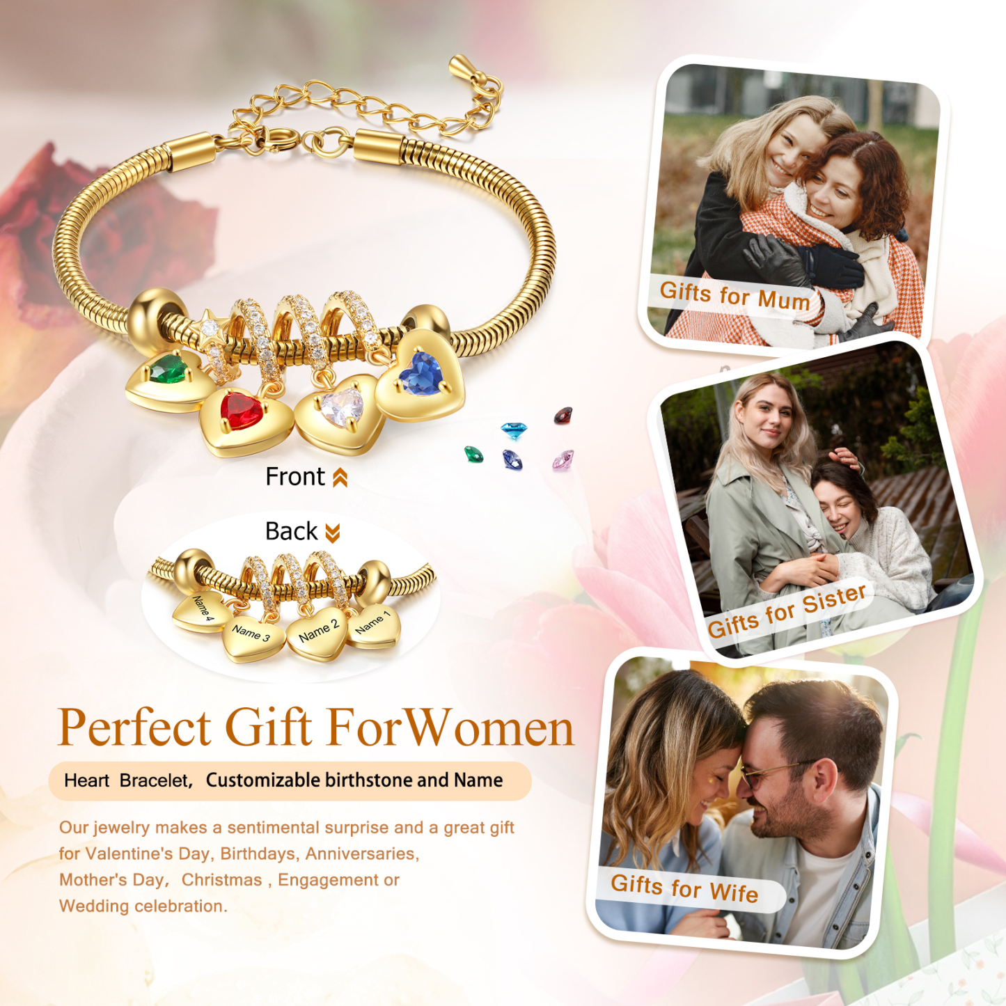 Bracelet Personnalisé avec 4 Prénoms et Pierres de Naissance Bracelet Pendentif Coeur Personnalisable pour Femme | Jessemade