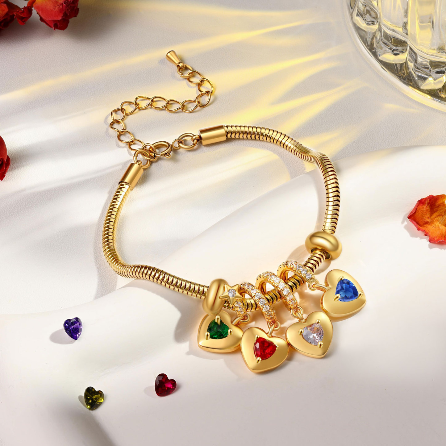 Bracelet Personnalisé avec 4 Prénoms et Pierres de Naissance Bracelet Pendentif Coeur Personnalisable pour Femme | Jessemade