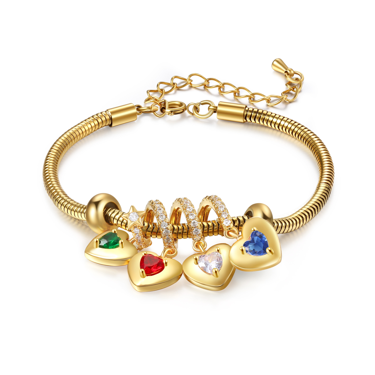 Bracelet Personnalisé avec 4 Prénoms et Pierres de Naissance Bracelet Pendentif Coeur Personnalisable pour Femme | Jessemade