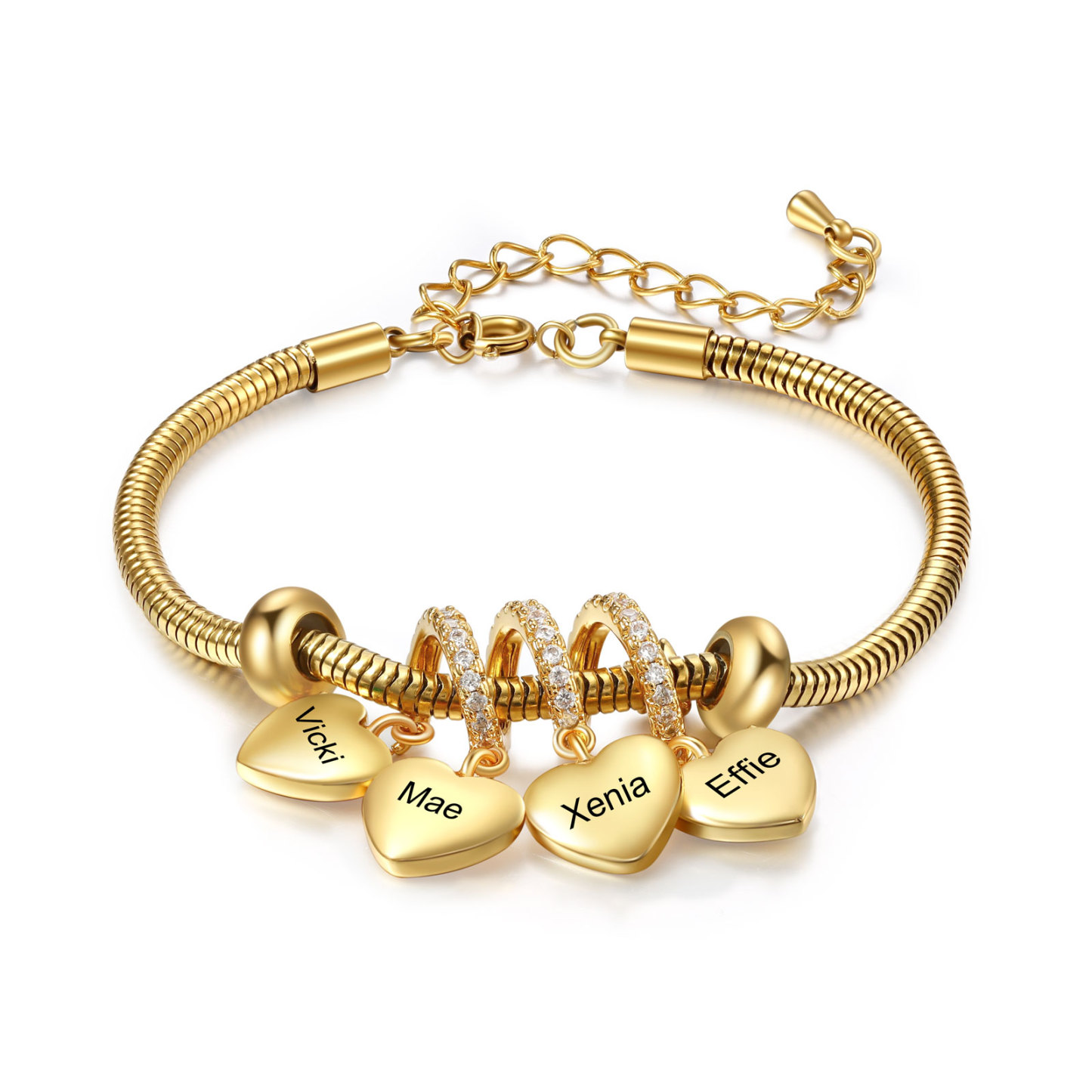 Bracelet Personnalisé avec 4 Prénoms et Pierres de Naissance Bracelet Pendentif Coeur Personnalisable pour Femme | Jessemade