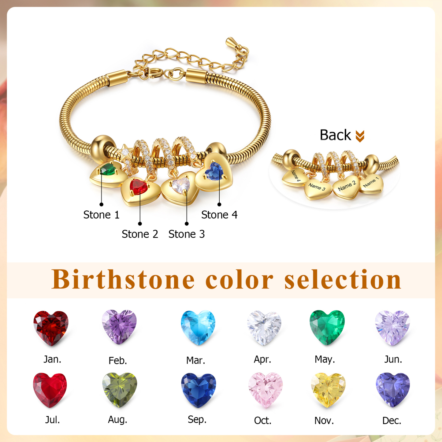 Bracelet Personnalisé avec 4 Prénoms et Pierres de Naissance Bracelet Pendentif Coeur Personnalisable pour Femme | Jessemade