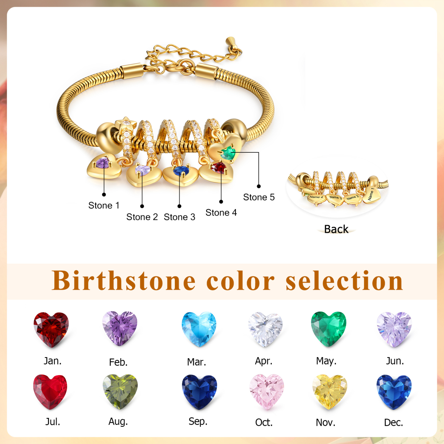 Bracelet Personnalisé avec 5 Prénoms et Pierres de Naissance Bracelet Pendentif Coeur Personnalisable Avec Coffret | Jessemade