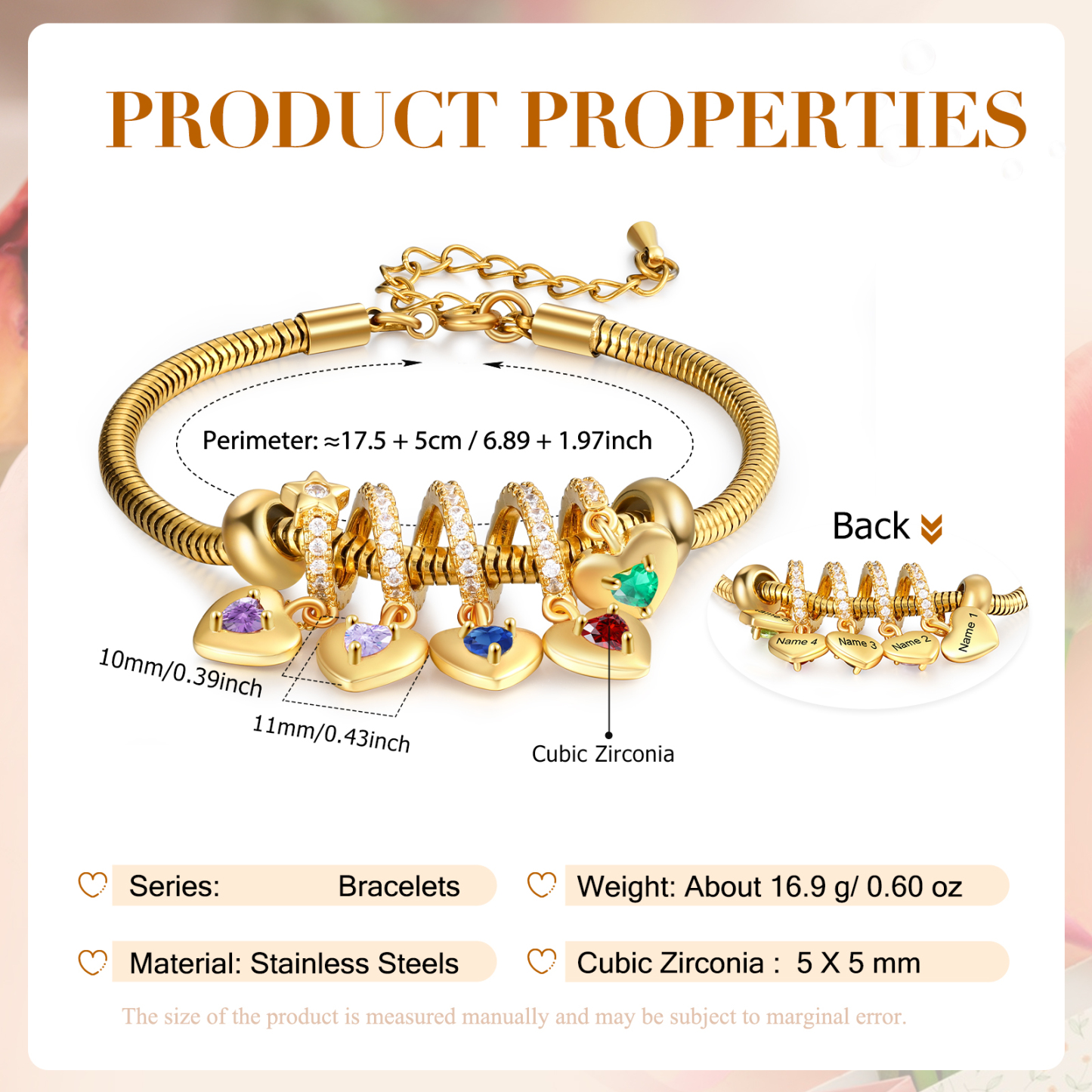 Bracelet Personnalisé avec 5 Prénoms et Pierres de Naissance Bracelet Pendentif Coeur Personnalisable pour Femme | Jessemade
