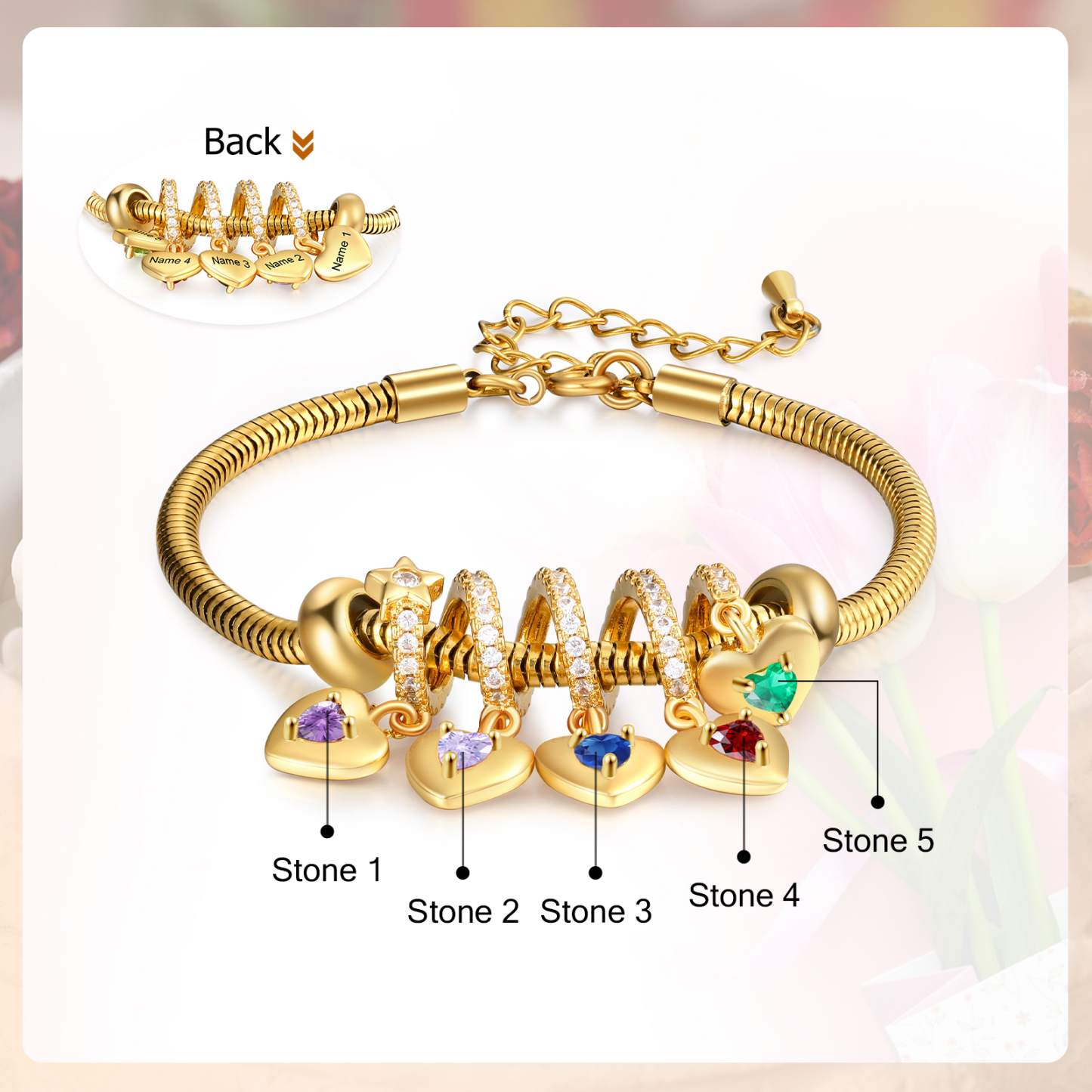Bracelet Personnalisé avec 5 Prénoms et Pierres de Naissance Bracelet Pendentif Coeur Personnalisable pour Femme | Jessemade