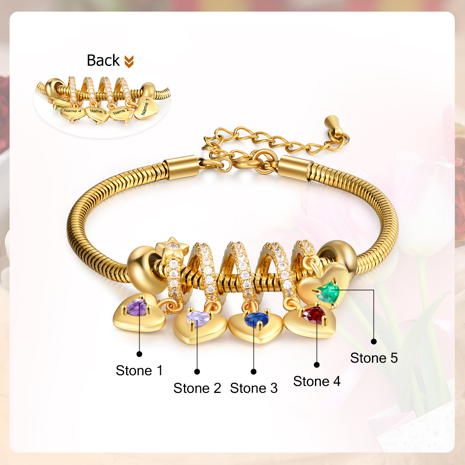 Bracelet Personnalisé avec 5 Prénoms et Pierres de Naissance Bracelet Pendentif Coeur Personnalisable pour Femme | Jessemade