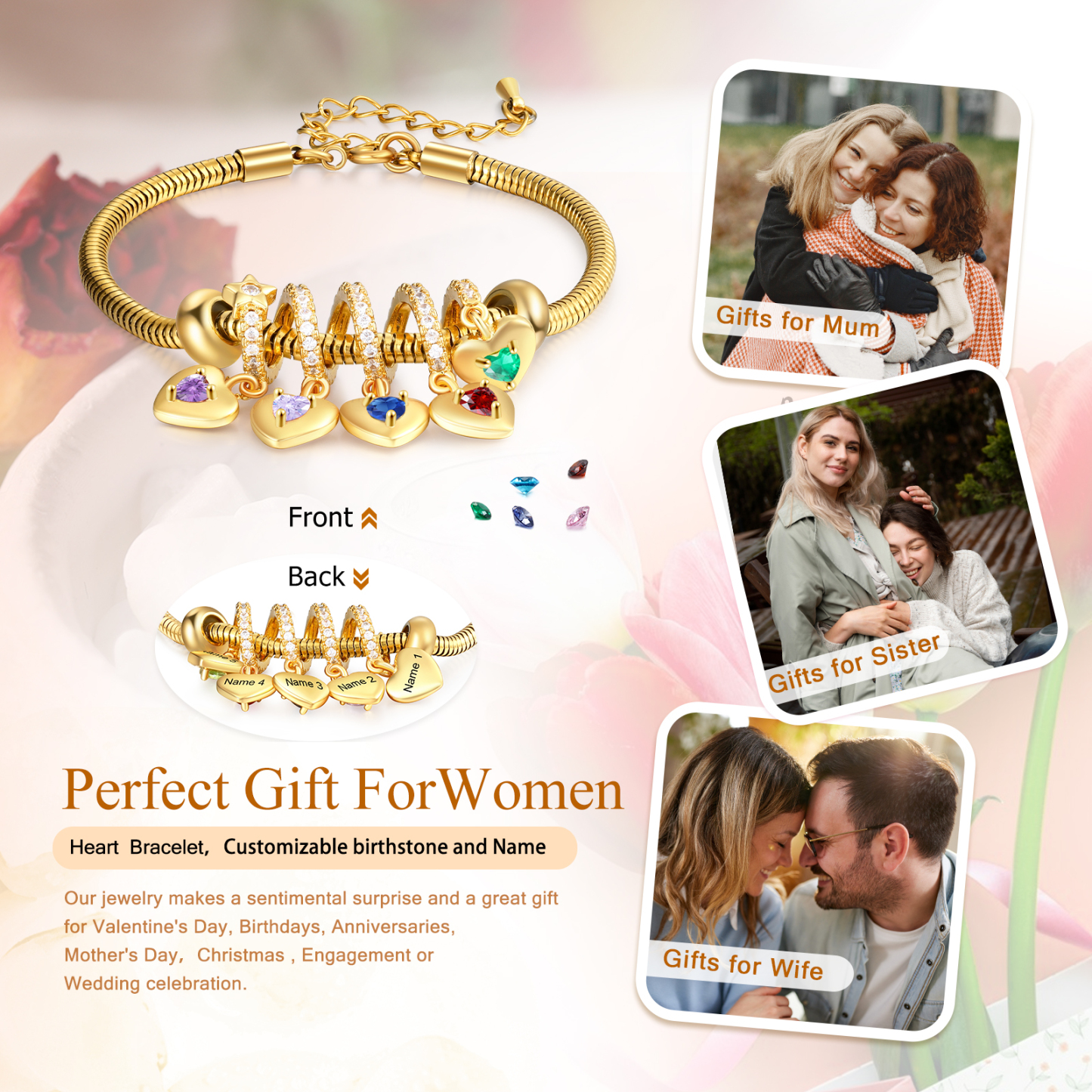 Bracelet Personnalisé avec 5 Prénoms et Pierres de Naissance Bracelet Pendentif Coeur Personnalisable pour Femme | Jessemade